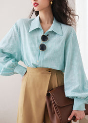 Fashion Blue Striped Peter Pan Collar Shirt Lantern Sleeve