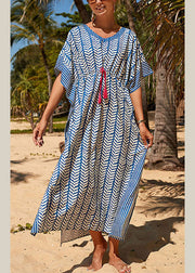 Fashion Blue Striped Print Drawstring Long Holiday Dress Summer