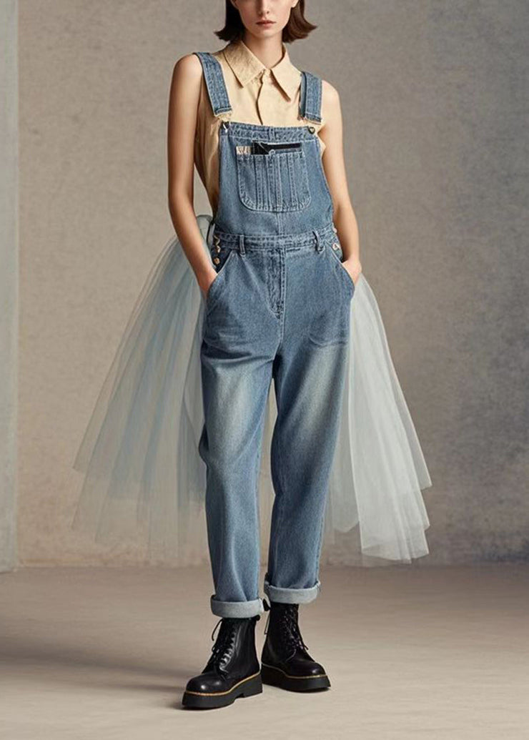 Fashion Blue Tulle Patchwork Denim Jumpsuit Spring