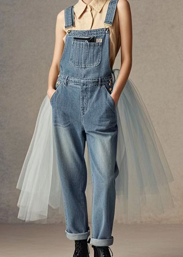 Fashion Blue Tulle Patchwork Denim Jumpsuit Spring