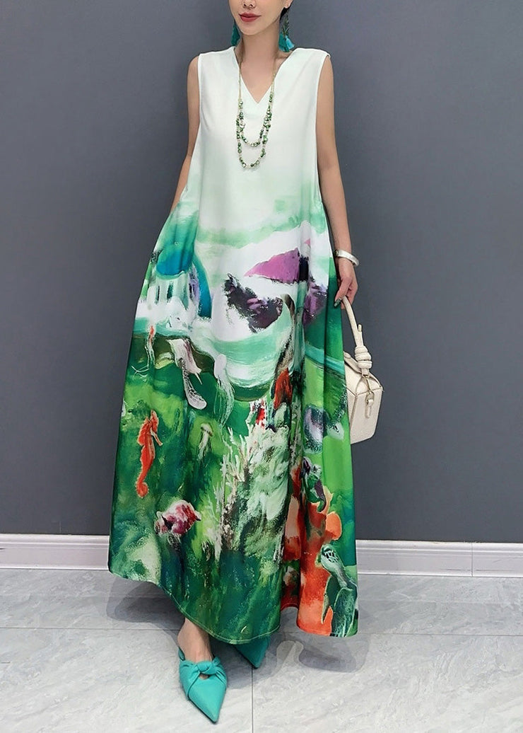 Fashion Blue V Neck Print Long Dress Sleeveless