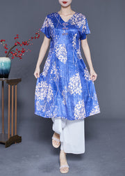 Fashion Blue V Neck Print Silk Holiday Dresses Summer