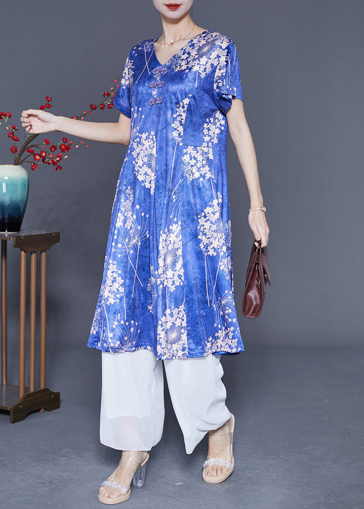 Fashion Blue V Neck Print Silk Holiday Dresses Summer