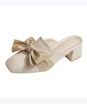 Fashion Bow Splicing Chunky Heel Beige Faux Leather