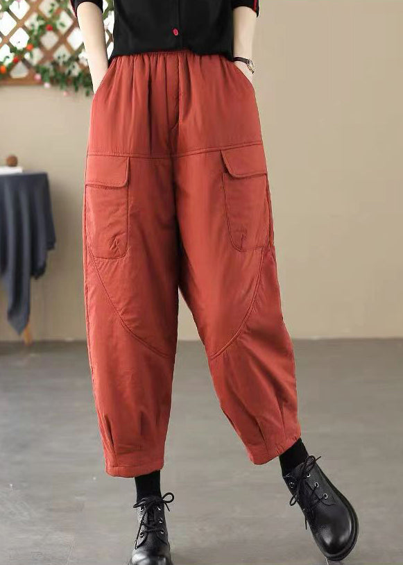 Fashion Brick Red Elastic Waist Pockets Fine Cotton Filled Pants Winter