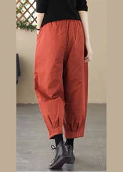 Fashion Brick Red Elastic Waist Pockets Fine Cotton Filled Pants Winter