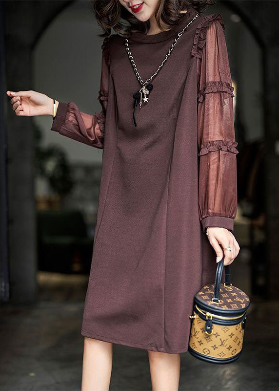 Fashion Brown Ruffled Patchwork Cotton Long Dress Spring