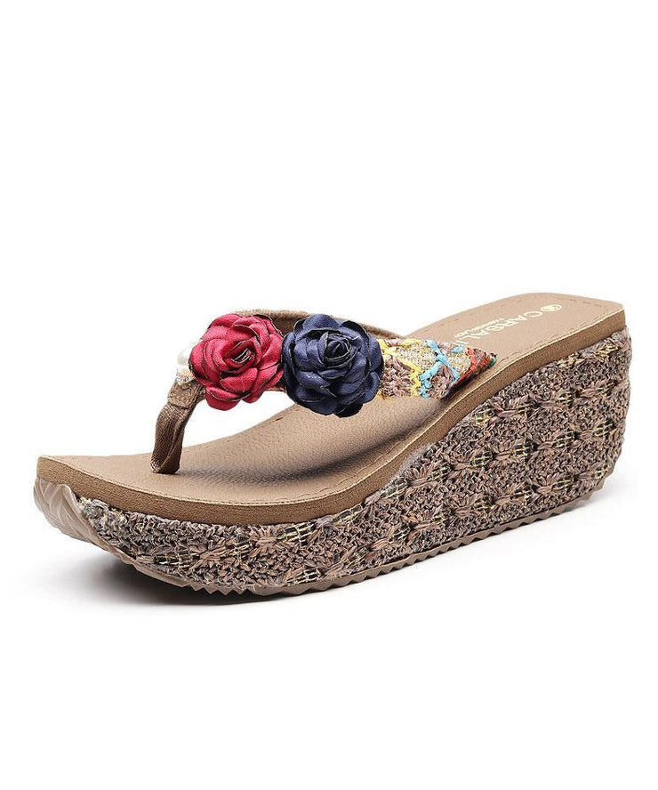 Fashion Brown Splicing Floral Holiday Thong Sandals Platform