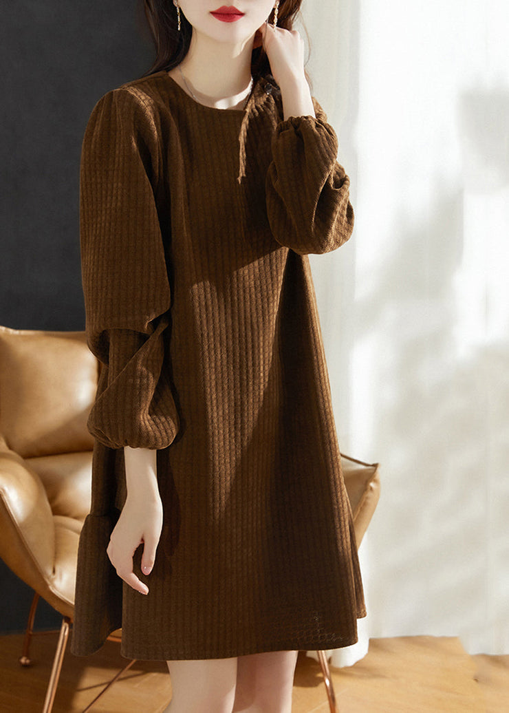 Fashion Brown Thick Cotton Tunic Dress Spring