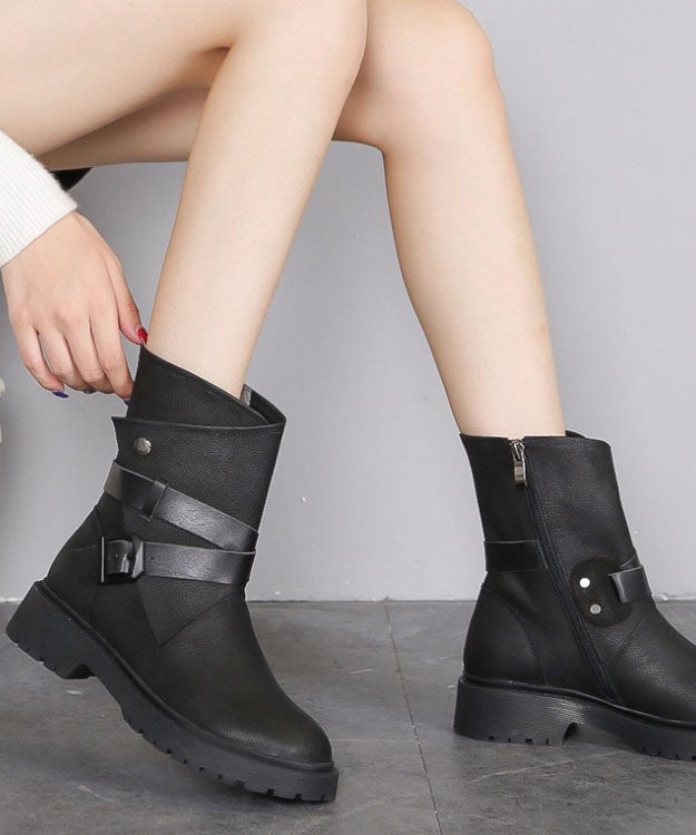 Fashion Buckle Strap Zippered Splicing Platform Boots Black Cowhide Leather