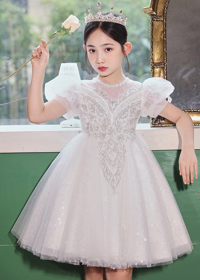 Fashion Champagne O-Neck Patchwork Sequins Tulle Kids Long Dresses Summer