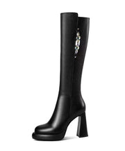 Fashion Chunky Heel Long Boots Black Cowhide Leather