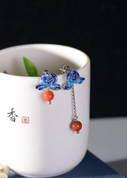 Fashion Cloisonne Lotus Tassel Agate Asymmetrical Design Drop Earrings