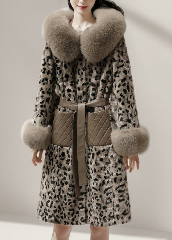 Fashion Coffe Leather And Fur Long Coats Print Mink Velvet Winter