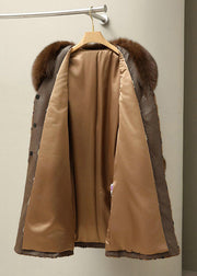 Fashion Coffe Leather And Fur Long Coats Print Mink Velvet Winter