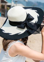 Fashion Coffee Bow Patchwork Straw Woven Beach Floppy Sun Hat