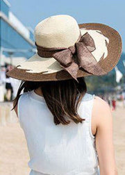 Fashion Coffee Bow Patchwork Straw Woven Beach Floppy Sun Hat