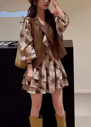 Fashion Coffee Button Patchwork Waistcoat And Dress Two Pieces Set Spring