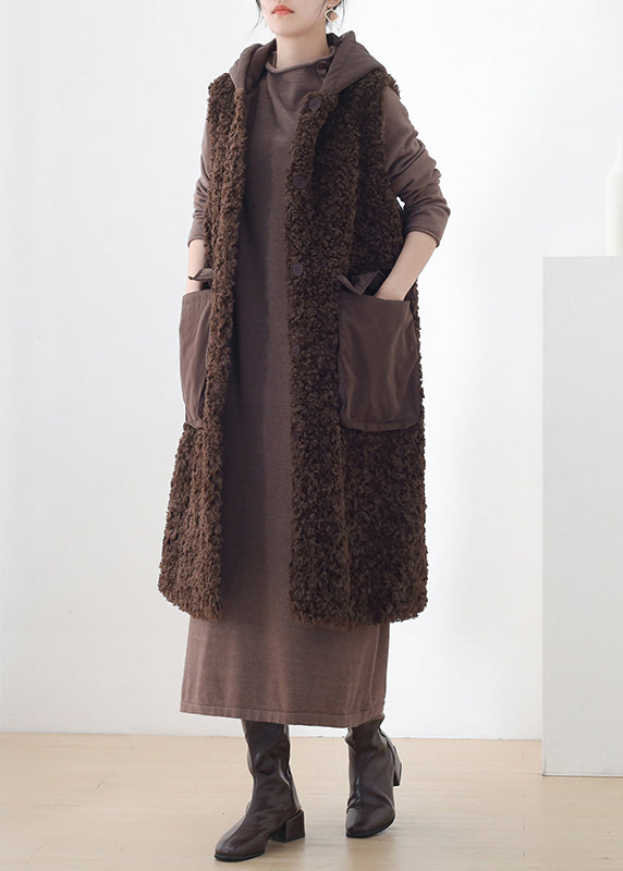 Fashion Chocolate Colour Button Woolen Hooded Waistcoat Sleeveless