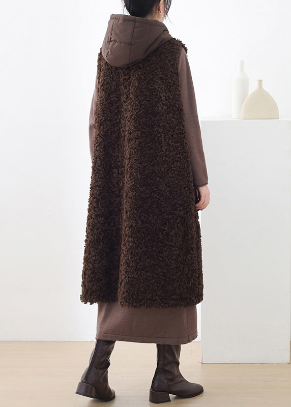 Fashion Chocolate Colour Button Woolen Hooded Waistcoat Sleeveless