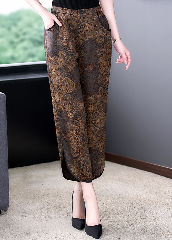 Fashion Chocolate Elastic Waist Pockets Side Open Print Silk Crop Pants Summer