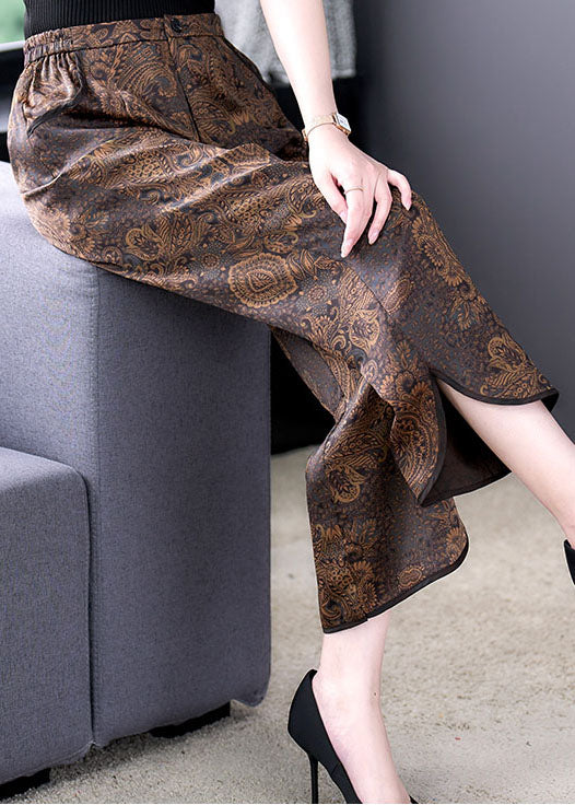 Fashion Chocolate Elastic Waist Pockets Side Open Print Silk Crop Pants Summer