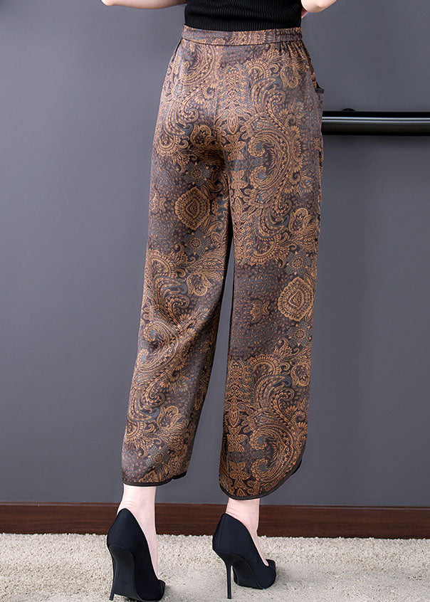 Fashion Chocolate Elastic Waist Pockets Side Open Print Silk Crop Pants Summer