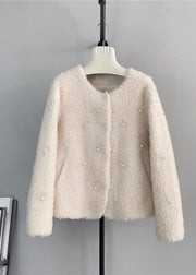 Fashion Coffee O Neck Nail Bead Wool Short Coat Winter