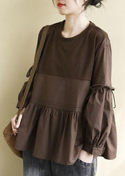 Fashion Chocolate O-Neck Patchwork Wrinkled Cotton Top Long Sleeve