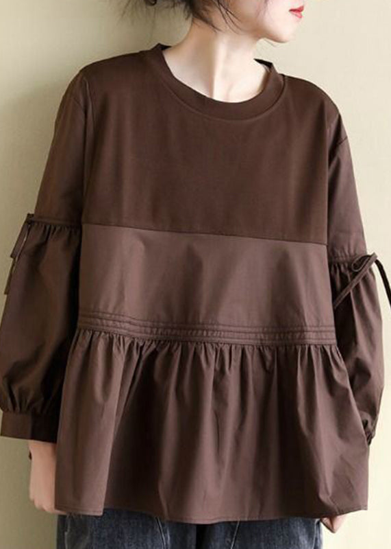 Fashion Chocolate O-Neck Patchwork Wrinkled Cotton Top Long Sleeve