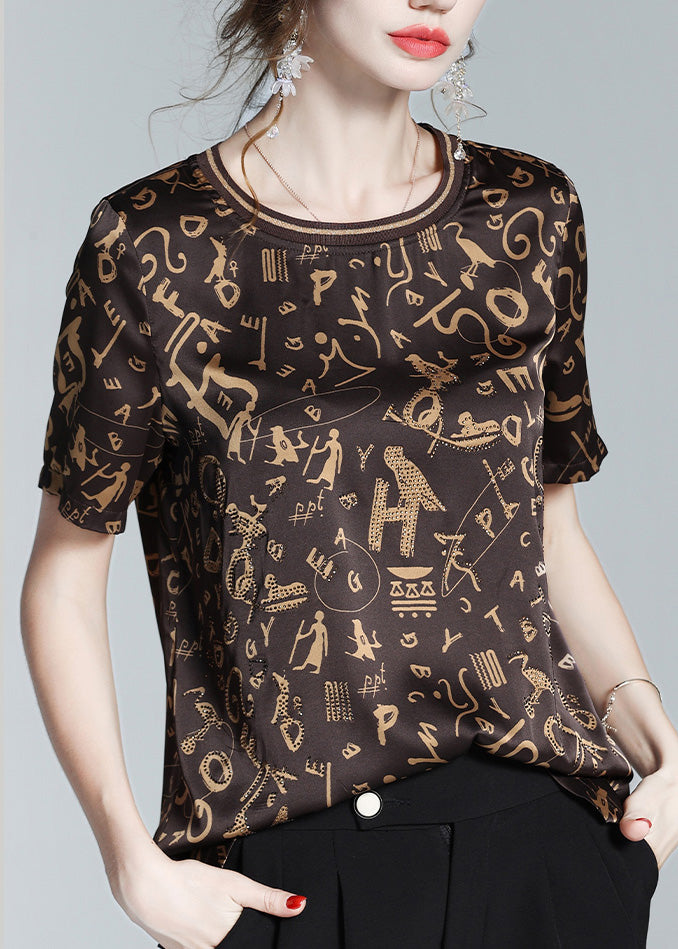 Fashion Coffee O-Neck Print Chiffon Tops Short Sleeve