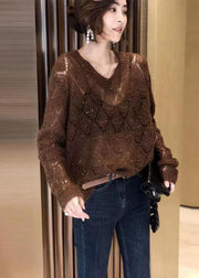 Fashion Coffee V Neck Hollow Out Cozy Ma Hai Mao Cotton Knit Tops Fall