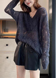 Fashion Coffee V Neck Hollow Out Cozy Ma Hai Mao Cotton Knit Tops Fall