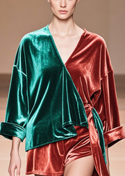 Fashion Colorblock Asymmetrical Patchwork Silk Velour Tops Fall