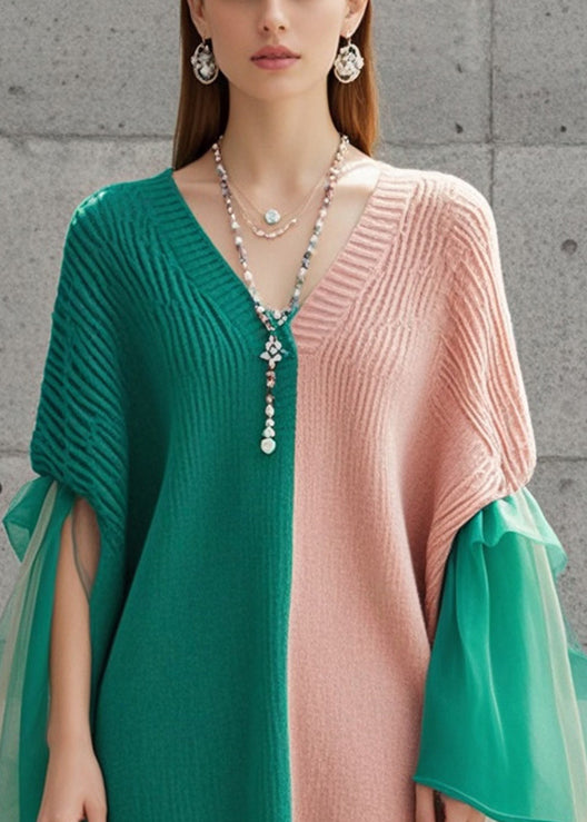 Fashion Colorblock Asymmetrical Patchwork Tulle Knit Dress Fall