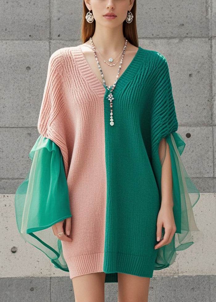 Fashion Colorblock Asymmetrical Patchwork Tulle Knit Dress Fall