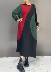 Fashion Colorblock O Neck Drawstring Cotton Dress Fall