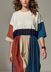 Fashion Colorblock O Neck Wrinkled Patchwork Linen Dresses Summer