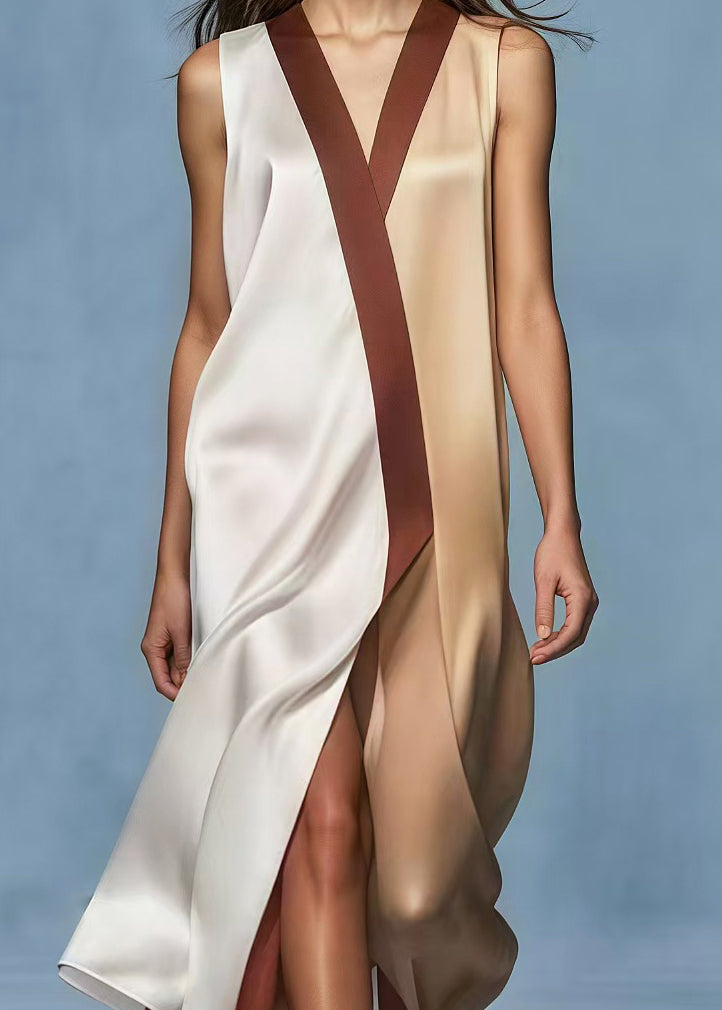 Fashion Colorblock Patchwork Side Open Draping Silk Dress Summer