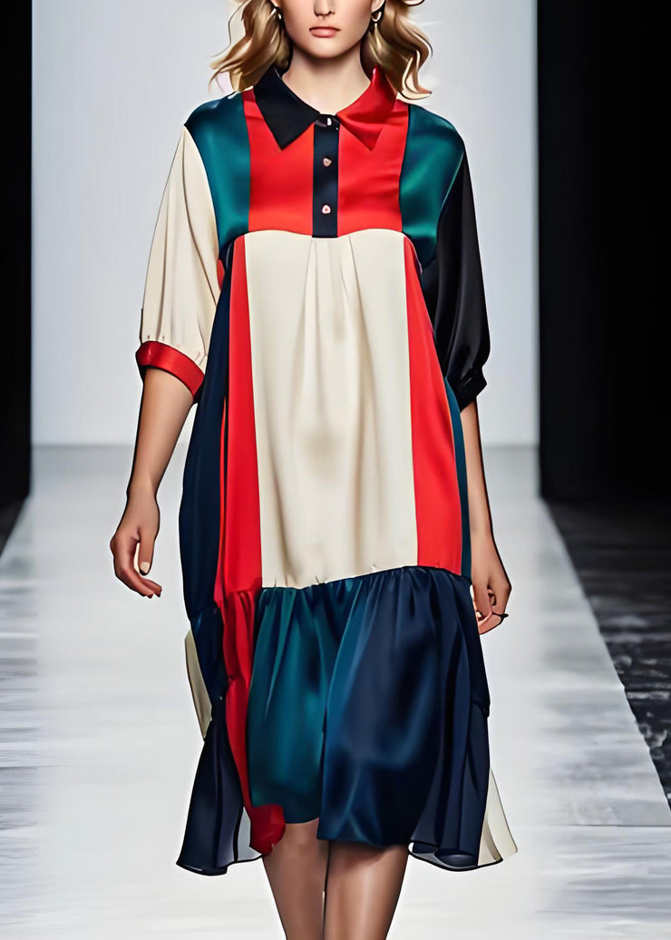 Fashion Colorblock Peter Pan Collar Patchwork Silk Dresses Summer