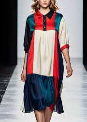 Fashion Colorblock Peter Pan Collar Patchwork Silk Dresses Summer