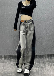 Fashion Colorblock Pockets High Waist Denim Wide Leg Pants Fall