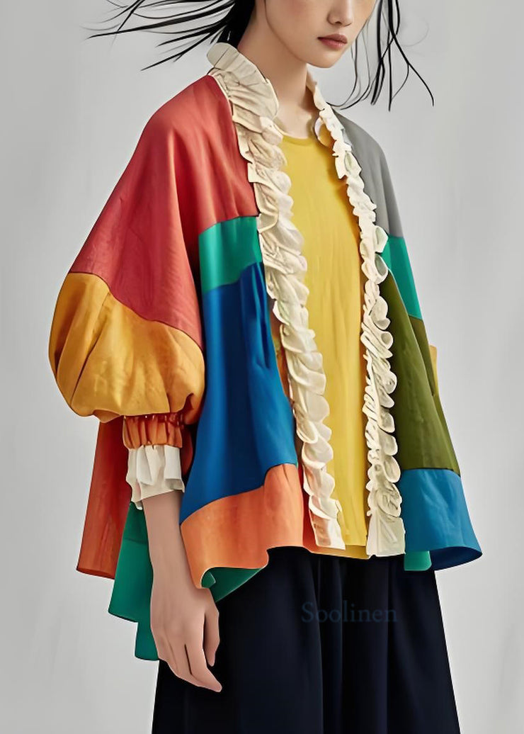 Fashion Colorblock Ruffled Patchwork Cotton Cardigan Lantern Sleeve