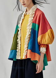 Fashion Colorblock Ruffled Patchwork Cotton Cardigan Lantern Sleeve