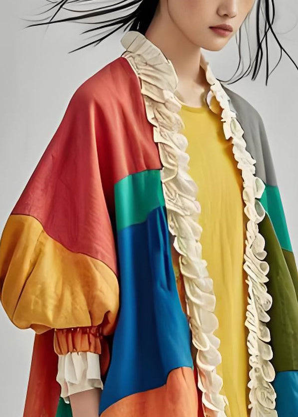 Fashion Colorblock Ruffled Patchwork Cotton Cardigan Lantern Sleeve