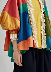 Fashion Colorblock Ruffled Patchwork Cotton Cardigan Lantern Sleeve