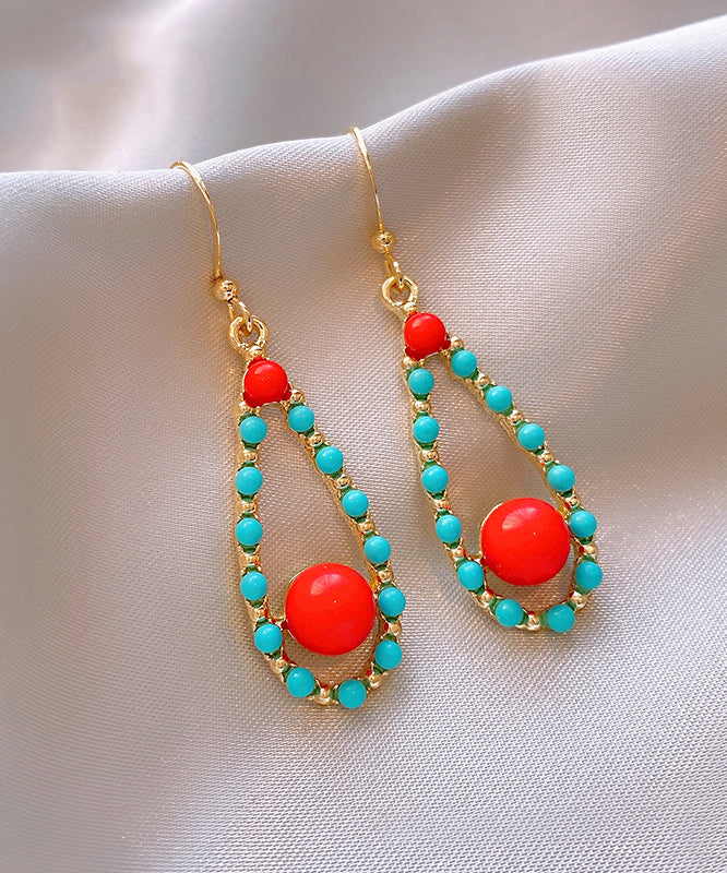 Fashion Colorblock Sterling Silver Overgild Inlaid Turquoise Agate Water Drop Drop Earrings
