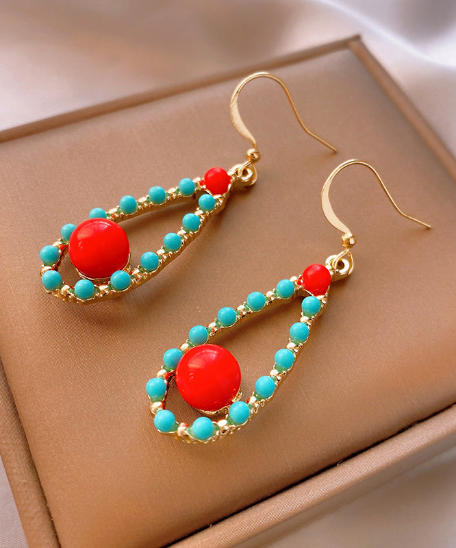 Fashion Colorblock Sterling Silver Overgild Inlaid Turquoise Agate Water Drop Drop Earrings