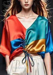 Fashion Colorblock V Neck Cinched Silk Blouses Summer