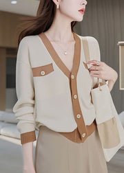 Fashion Colorblock V Neck Patchwork Button Cotton Knit Cardigans Fall